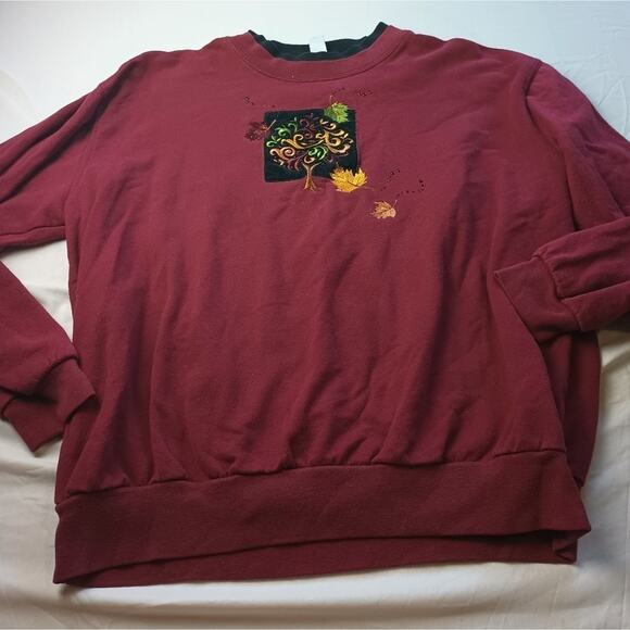 Vintage Autum Crewneck Fall leaves Burgendy Red long sleeve Womens size Large - Picture 1 of 6